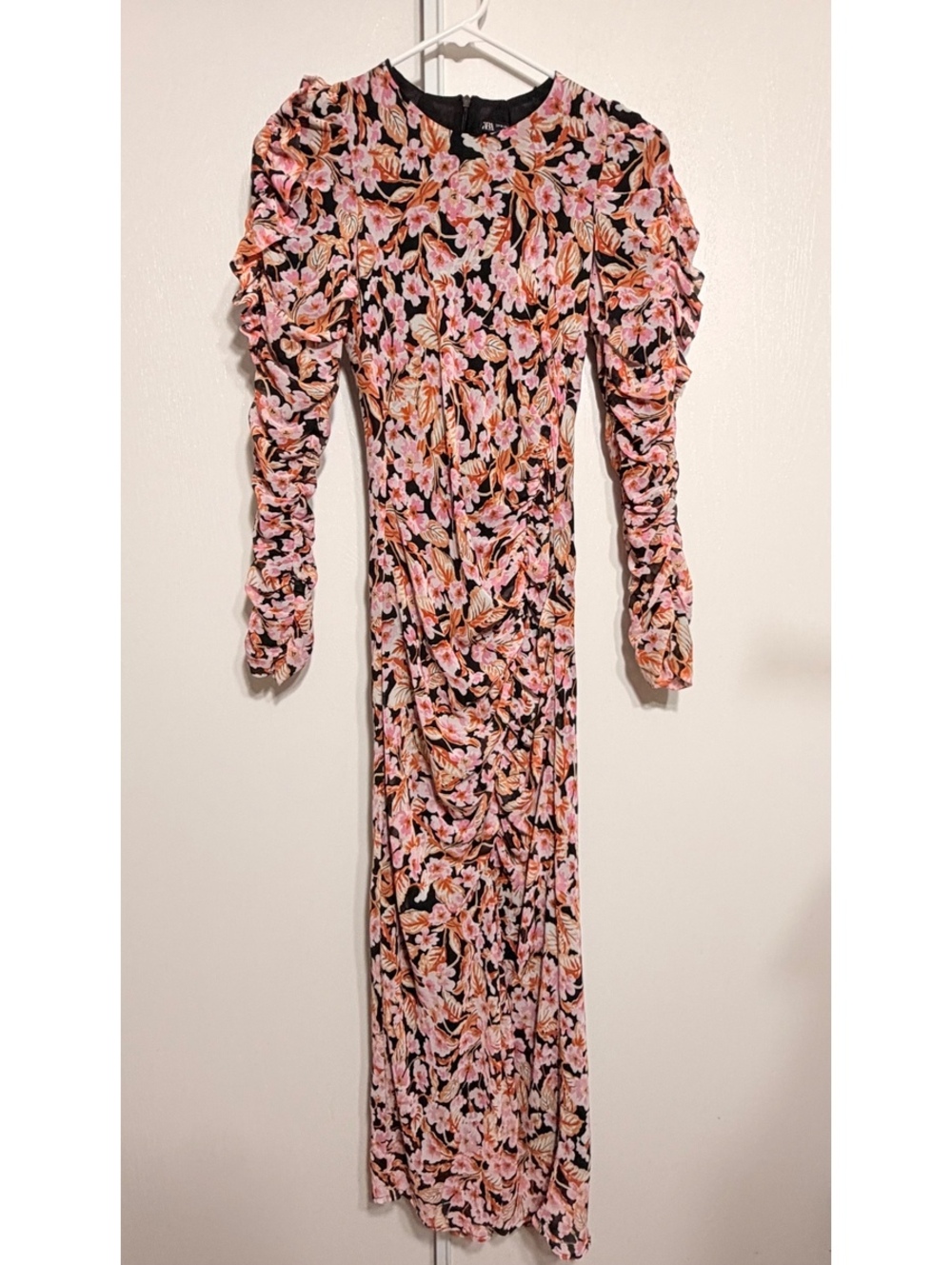 Zara Floral Ruched Long Sleeve Maxi Dress Size Medium Black Pink Orange